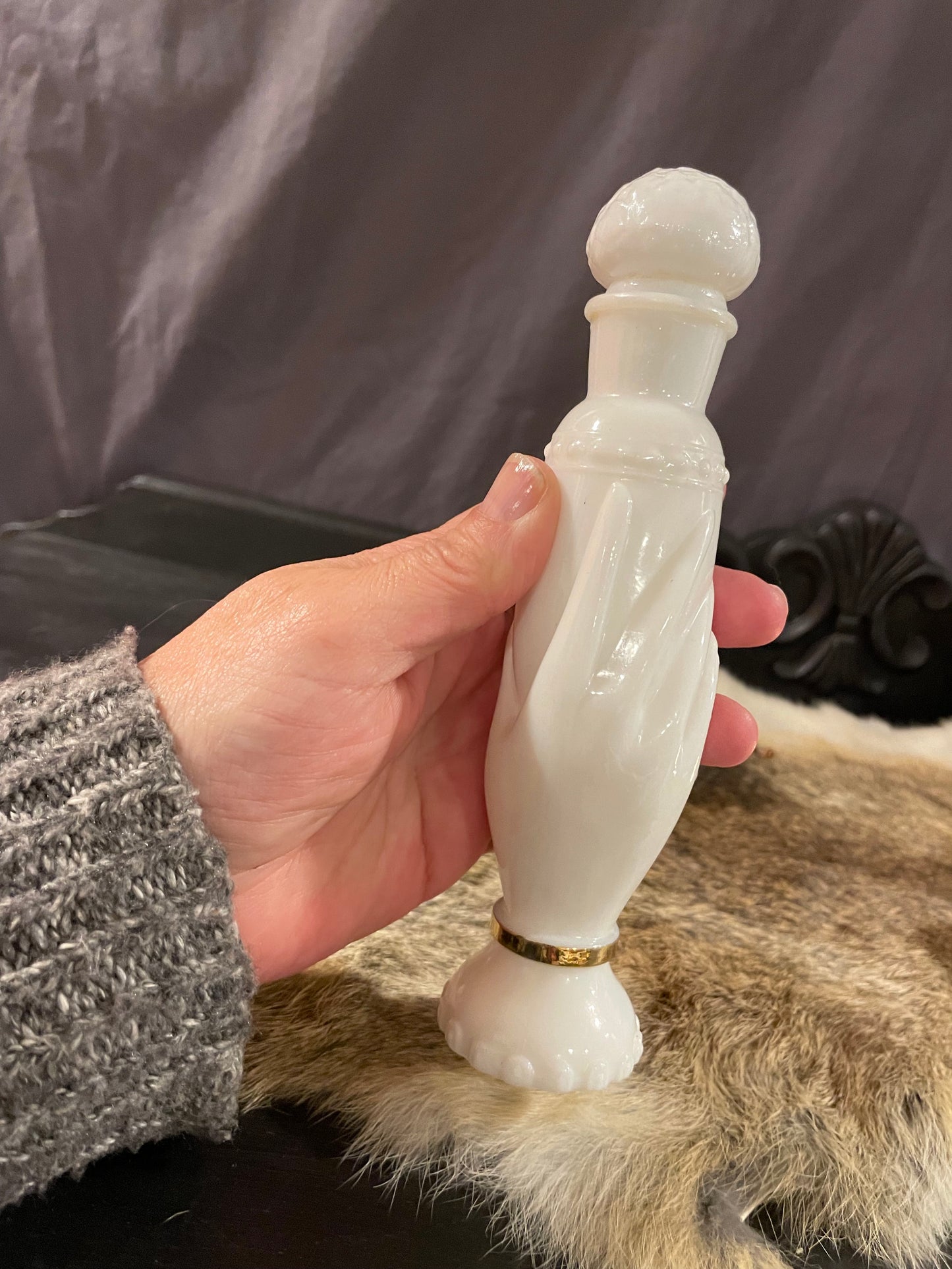Milk Glass Potion Bottle, With Hand