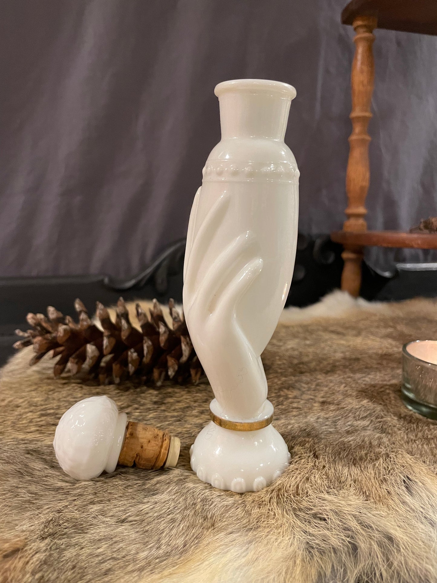 Milk Glass Potion Bottle, With Hand
