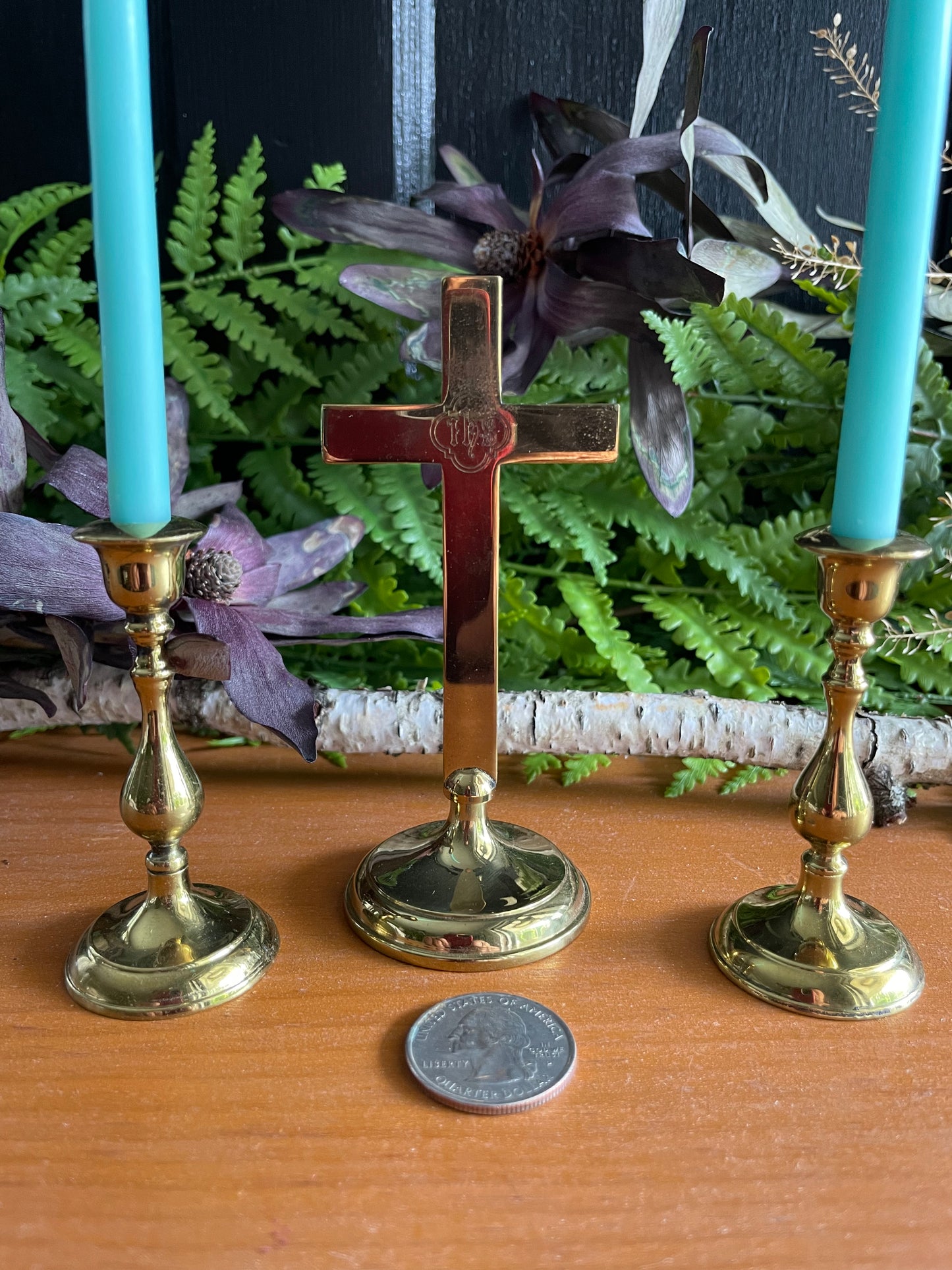 Brass cross and candle altar set