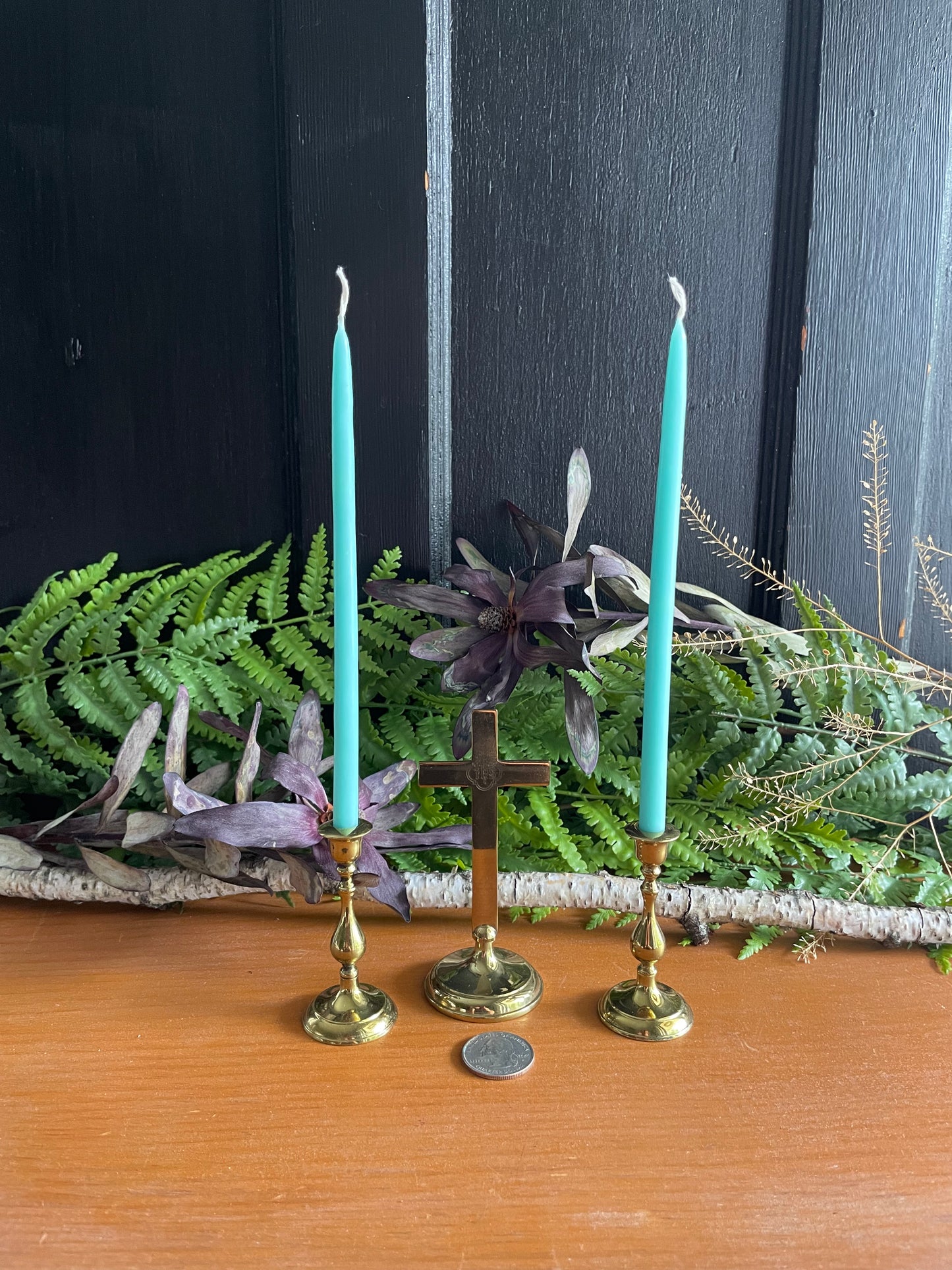Brass cross and candle altar set