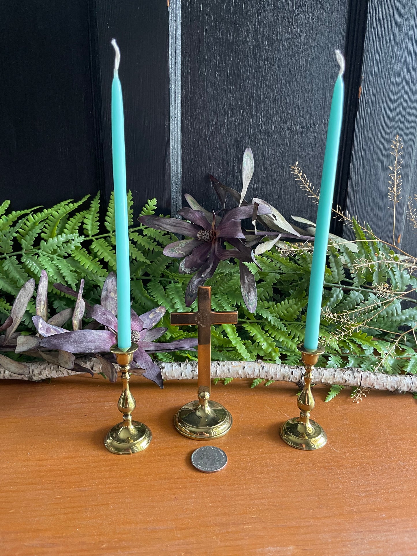 Brass cross and candle altar set